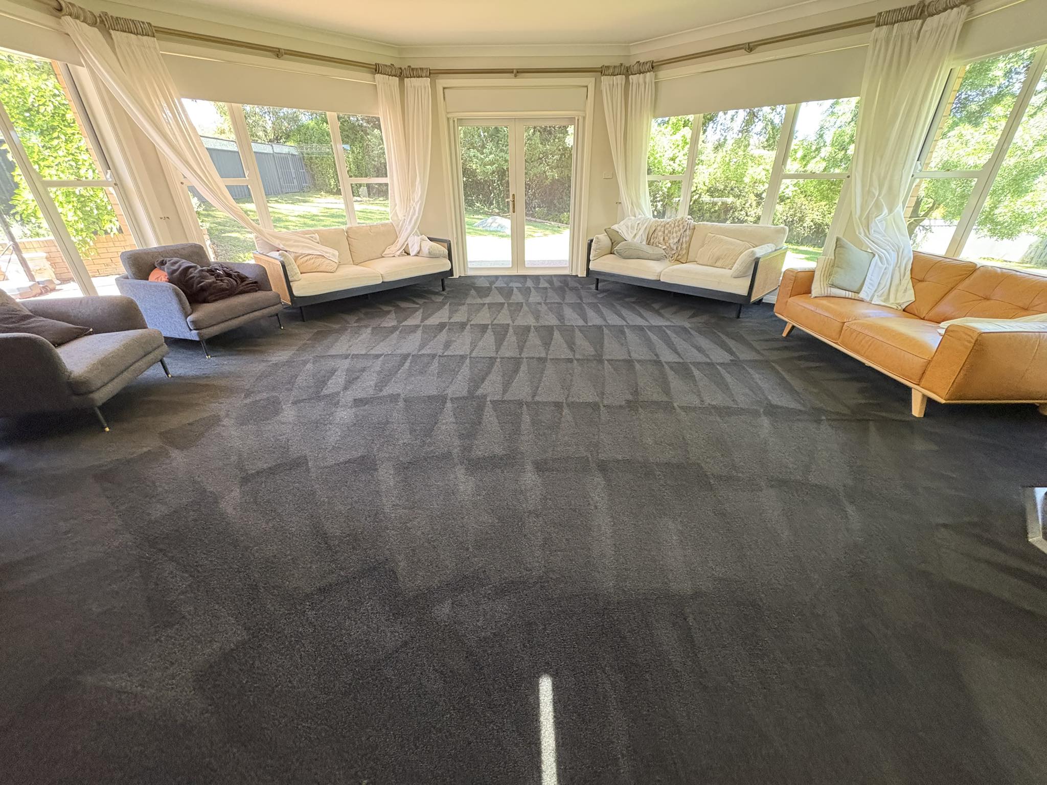 Large sunroom with freshly cleaned charcoal carpet showing clean wand lines