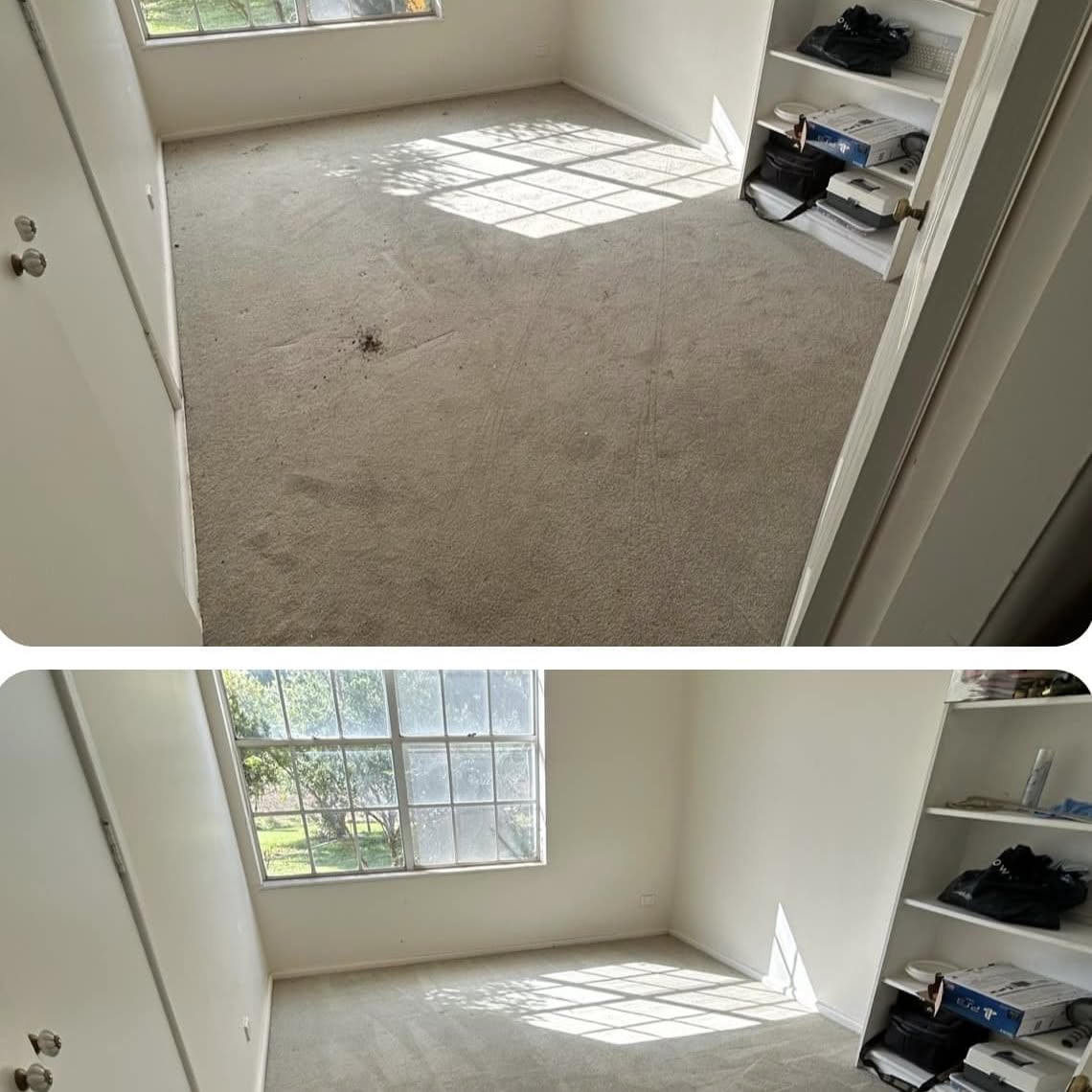 Stained bedroom carpet before cleaning and the same sunlit room after