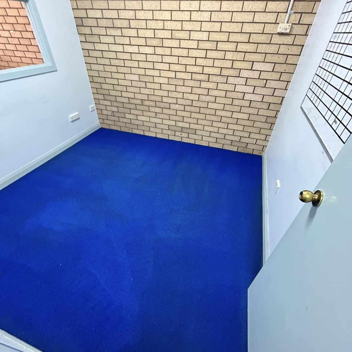 Corner of an office with clean blue carpet beside a brick wall and door